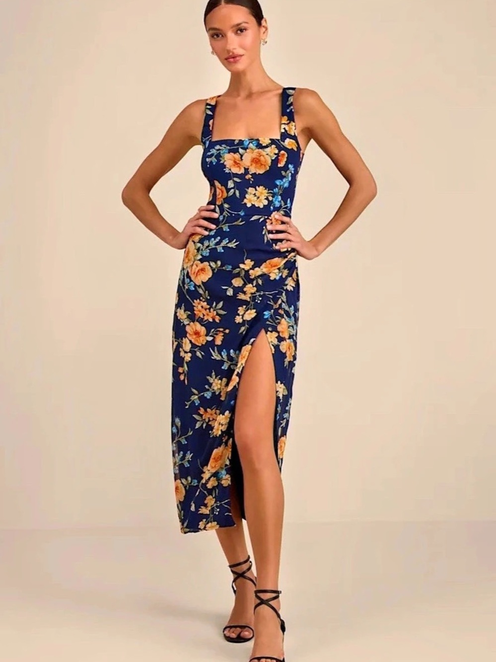 Floral Midi Dress in Blue & Orange